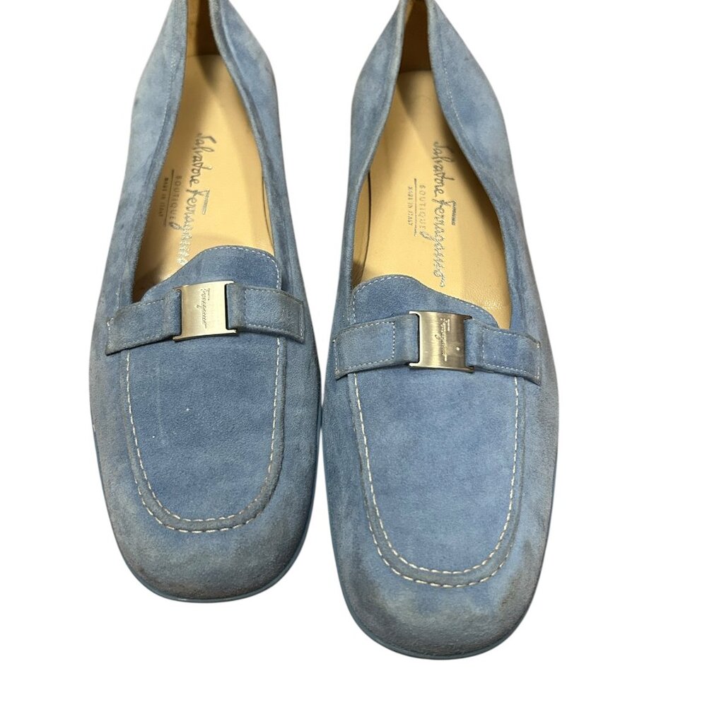 Ferragamo Blue Suede Quiet Luxury Minimal Chic SlipOn Comfort Old Money Luxe 7.5